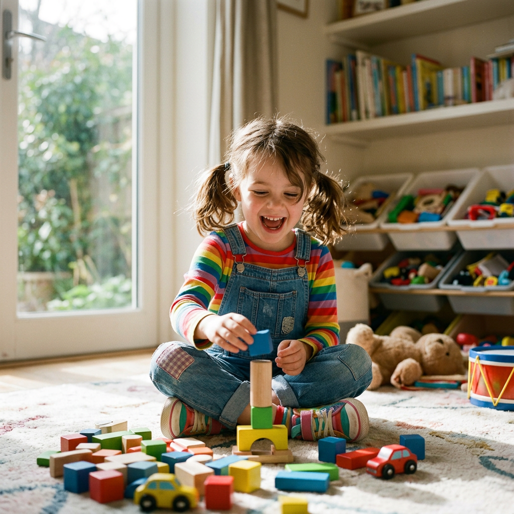 Child playing with colorful wooden blocks at home