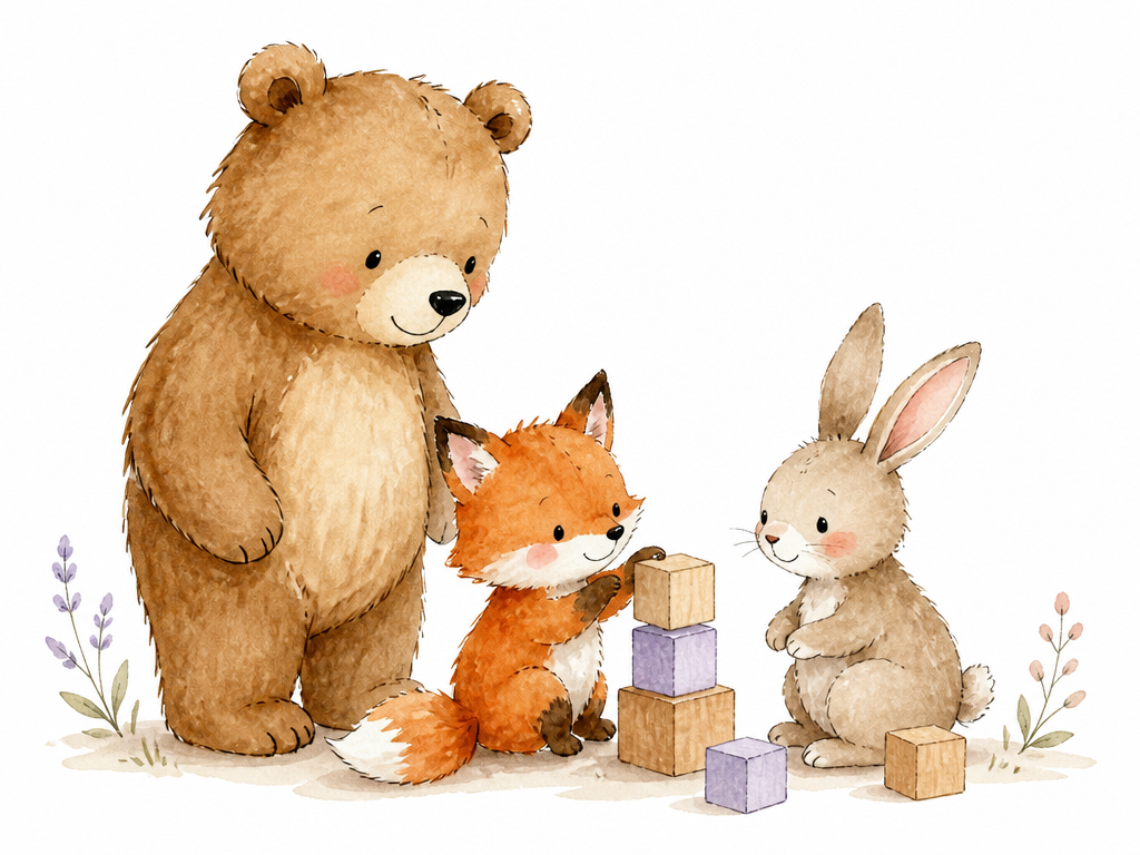 Watercolor bear, fox cub, and bunny playing with wooden blocks
