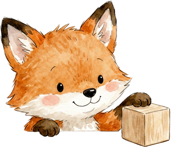 Watercolor fox cub peeking over the card with a wooden block